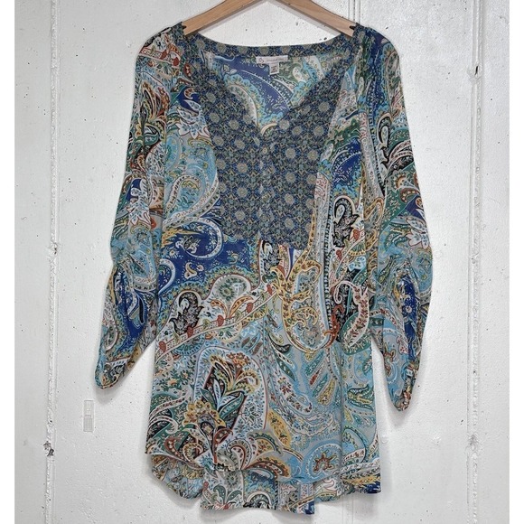 Westport Blouse Womens 2X Top Blouse Sheer Multicolor Paisley Print Boho Hippie - Picture 1 of 8